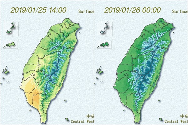 ▲▼強冷氣團低溫第2彈！15縣市「急凍剩10℃」北台又變濕冷　過年要冷3波。（圖／中央氣象局）