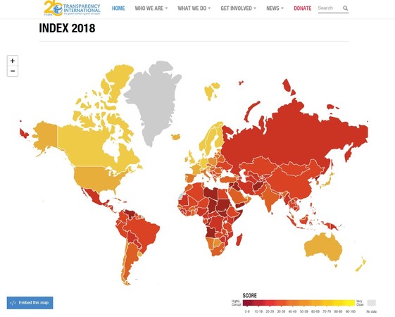 ▲▼2018年清廉印象指數調查。（圖／翻攝自國際透明組織官網）
