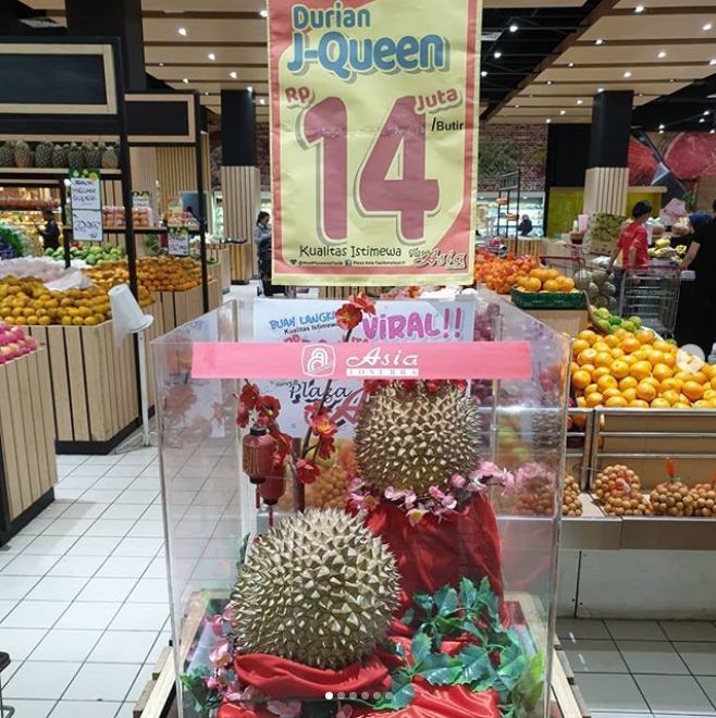 ▲「J-Queen」榴槤以紅絲絨及假花纏繞，展示於超市內。（翻攝自Instagram／ foodhuntertasikmalaya）