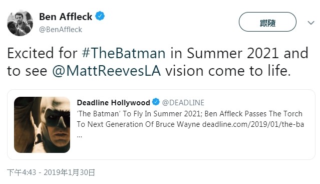 DC蝙蝠俠確定換人當「只演了2次」班艾佛列克退位。（圖／翻攝自班艾佛列克推特）