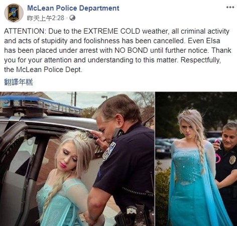 ▲▼美國霸王寒流來襲，艾莎公主被捕。（圖／翻攝自McLean Police Department臉書）