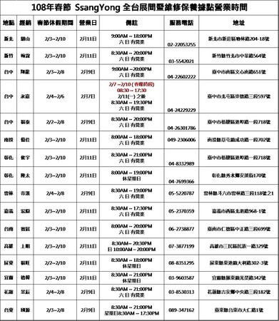 車廠農曆春節服務時間（圖／車廠提供）