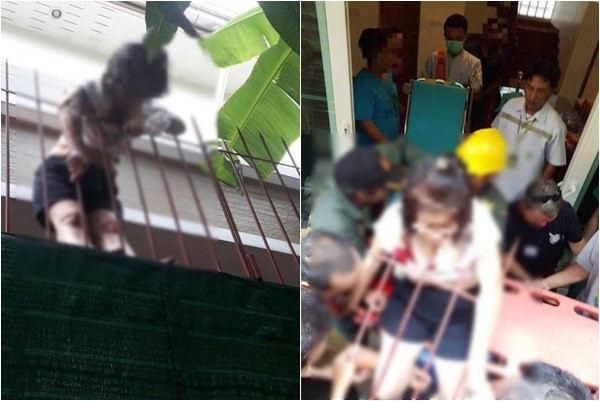 ▲▼泰國年輕女從樓上墜落，胸口卡在鐵欄杆。（圖／翻攝khaosod網站）