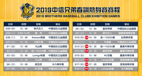 ▲中信兄弟春訓熱身賽賽程。（圖／中信兄弟提供）