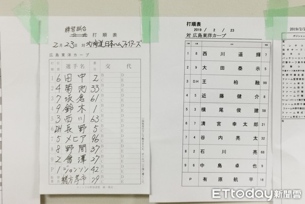 ▲▼日職沖繩春訓,日本火腿vs廣島鯉魚熱身賽,出賽名單。（圖／記者季相儒攝）