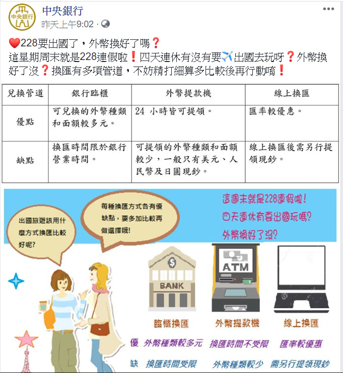 ▲▼央行臉書換匯提醒。（圖／翻攝自中央銀行臉書）