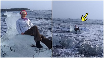 護駕啊！霸氣嬤「坐流冰岸邊拍照」　大浪打來..人冰一起出海了