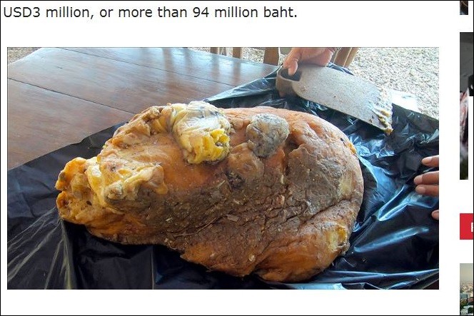 ▲泰國蘇美島一名酒吧老闆在海邊撿到了「鯨魚嘔吐物」，發現可能是「龍涎香」（ambergris）。（圖／翻攝自Khaosod）