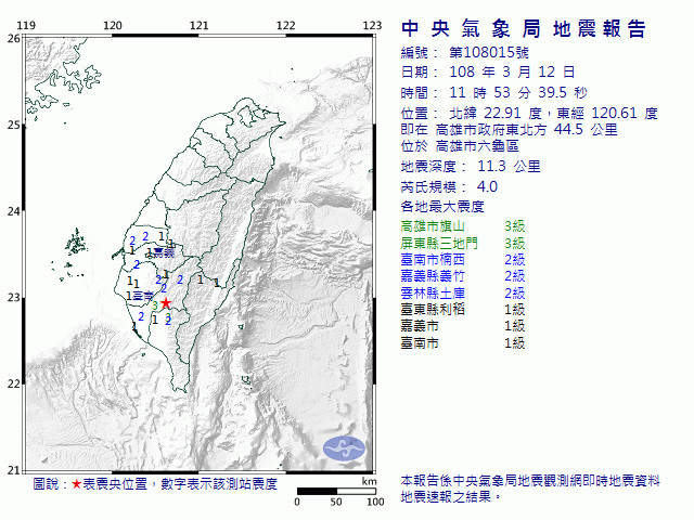 ▲▼12日上午在高雄發生芮氏規模4的有感地震。（圖／氣象局）