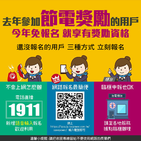 ▲台電今年續推節電獎勵措施，只要當月用電量比去年同期減少，每度電就能獲得0.6元的獎勵金，每個月最少還可領84元。（圖／取自台電網站）