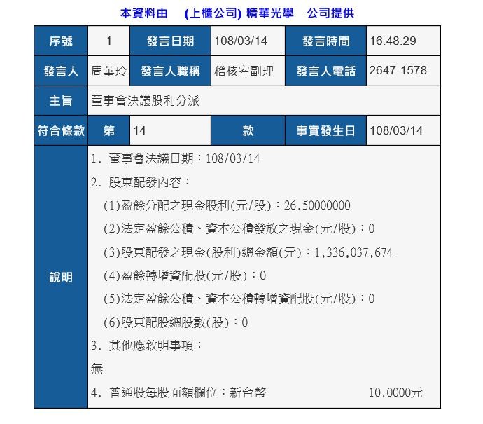 ▲精華光學董事會通過股利配發計畫。（圖／翻攝自證交所公開資訊觀測站）