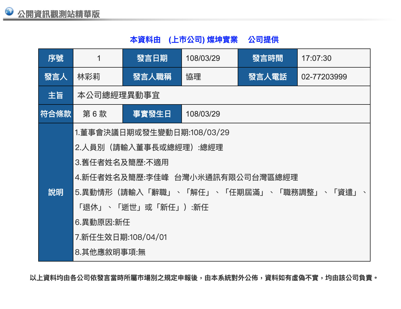 ▲▼小米台灣前總經理李佳峰確認出任燦坤總座。（圖／翻攝自台灣證交所公開資訊觀測站）