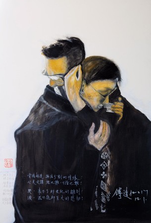 傅達仁生前以油畫描繪父子別離的擁抱。