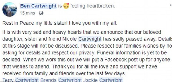 ▲卡特萊特的哥哥在貼文中表示哀悼。（圖／翻攝自當事家人臉書）