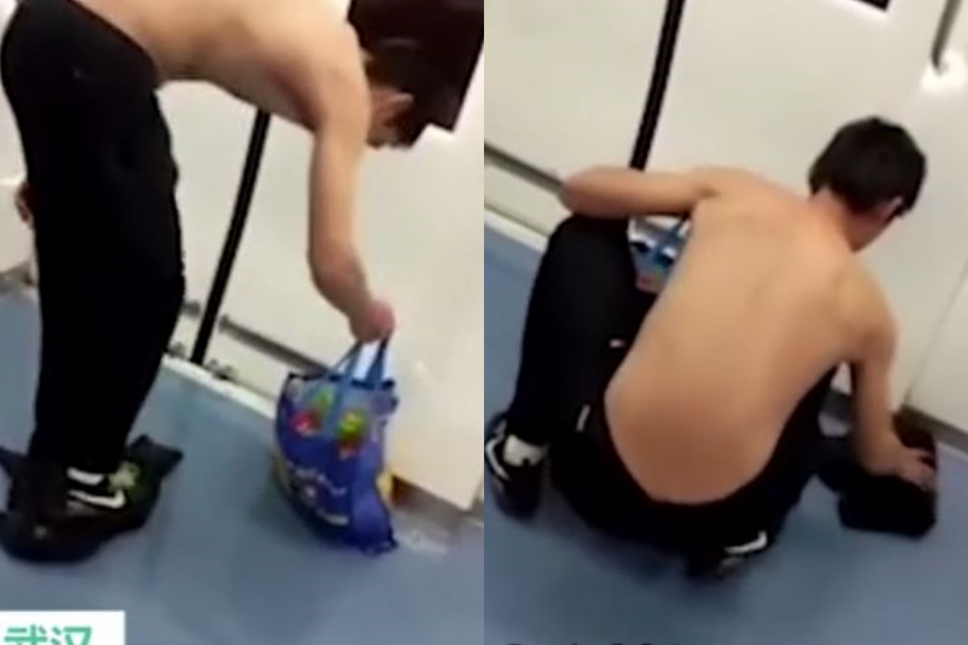 ▲▼ 坐地鐵食用油灑一地！小夥子「秒脫上衣」蹲地狂擦。（圖／翻攝自秒拍）