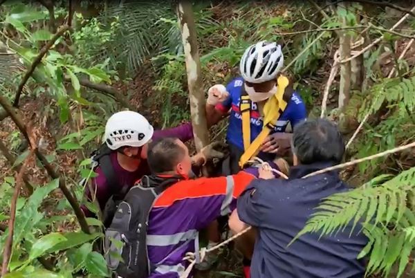 ▲男子騎單車山區遊摔落復興山谷，大溪警消聯手救援。