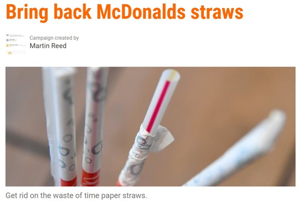 ▲▼網友連署要求麥當勞恢復塑膠吸管。（圖／翻攝自38degrees） 