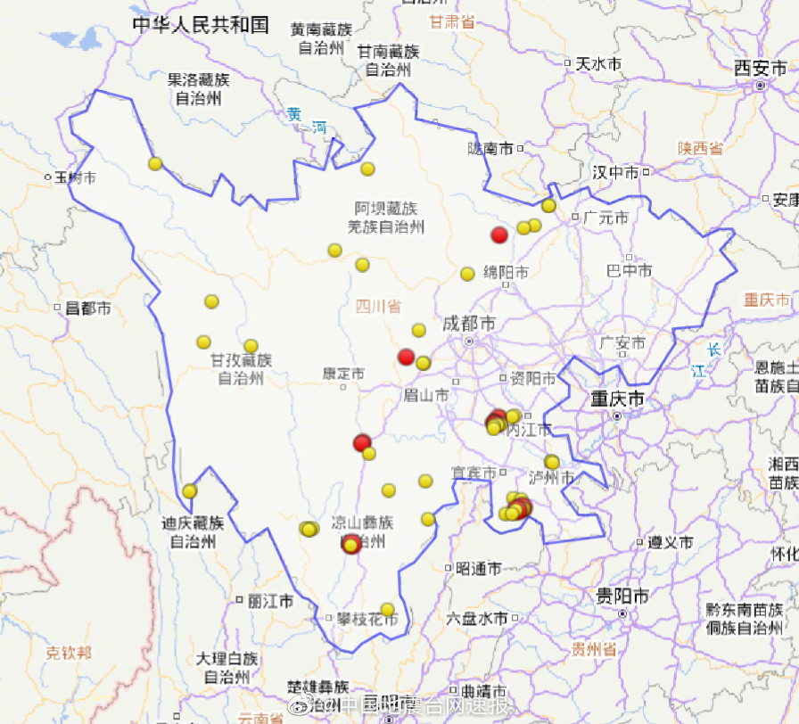 ▲▼中國地震台網統計，近一年來四川發生地震地點。（圖／翻攝微博／中國地震台網速報）