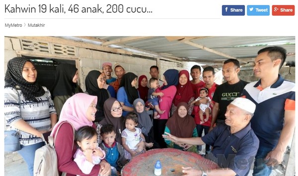 72歲阿公一共娶了19位嫩妻　狂生46個孩子200名孫子。（圖／翻攝自馬來西亞Harian Metro）