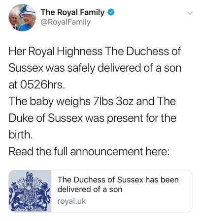 ▲英國皇室推特不久後也PO文宣布喜訊。（圖／翻攝自推特／The Royal Family）