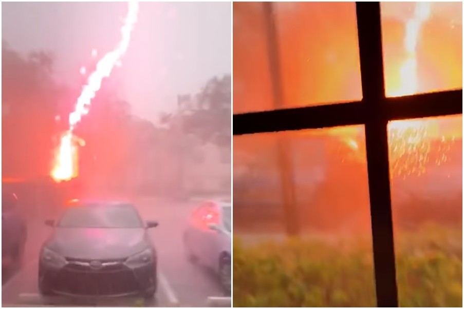 ▲美國佛羅里達州一名民眾拍攝到「正極閃電」（positive lighting）轟炸畫面。（圖／翻攝自YouTube）