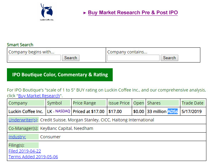 ▲▼瑞幸咖啡IPO價格為17美元。（圖／翻攝IPO Boutique網站）