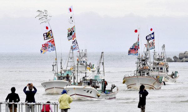 ▲▼ 日本新天皇5月1日登基時，新潟市漁船懸掛漁民的旗幟遊行。（圖／達志影像／美聯社）