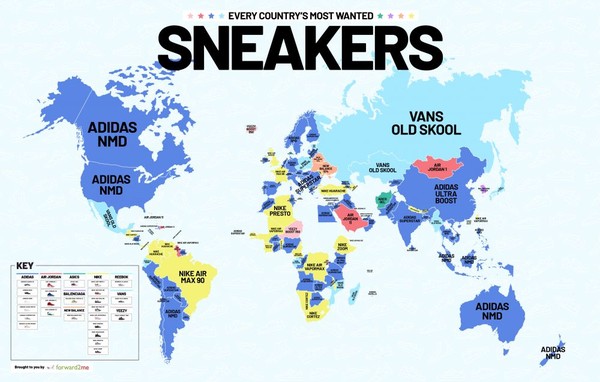 ▲各國GOOGLE搜尋次數最多的球鞋。（圖／翻攝自forward2me.com）