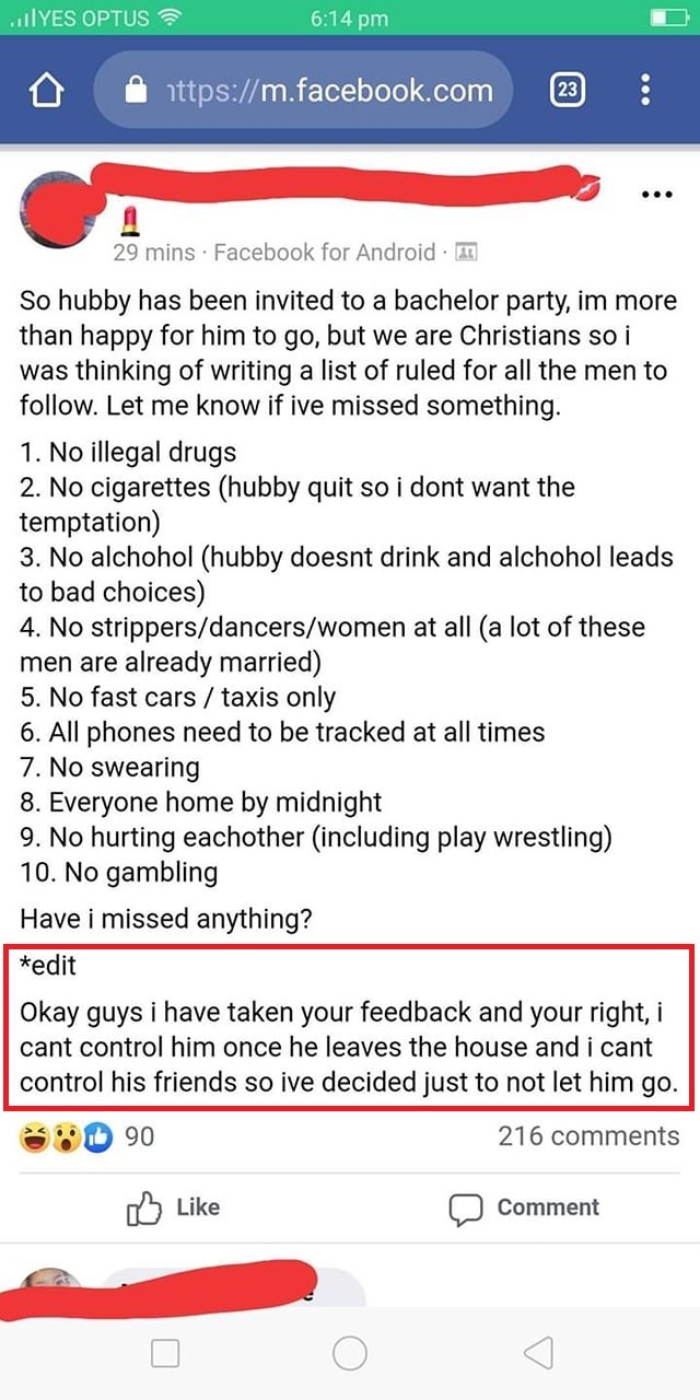 老公要參加單身派對，控制狂老婆狂列禁做清單（圖／翻攝自Reddit）