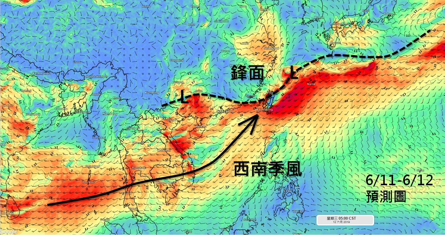 ▲▼11、12日受到西南季風和鋒面影響，台灣11日晚間鋒面抵達，若對流發展旺盛，有發生豪大雨之機會。（圖／翻攝自Facebook／天氣職人-吳聖宇）