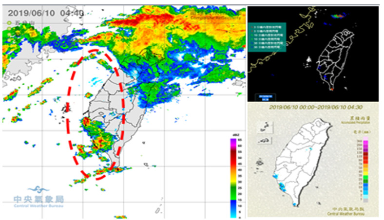 ▲▼今(10日)晨4：40雷達回波圖(左圖)顯示，台灣北部海面有鋒面附近所形成的帶狀回波，伴隨活躍的閃電(右上圖)；西南沿海亦有西南風受地形阻礙產生的回波，4：30雨量圖(右下圖)顯示，西南部及山區有零星降雨。（圖／翻攝中央氣象局）