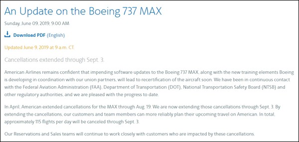 ▲每日取消115次航班！　波音737MAX停飛延長至9月（圖／美國航空公司官網）