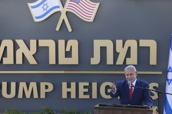 ▲▼以色列總理納坦雅胡（Benjamin Netanyahu）16日在戈蘭高地進行「川普高地」（Trump Heights）揭牌儀式。（圖／達志影像／美聯社）