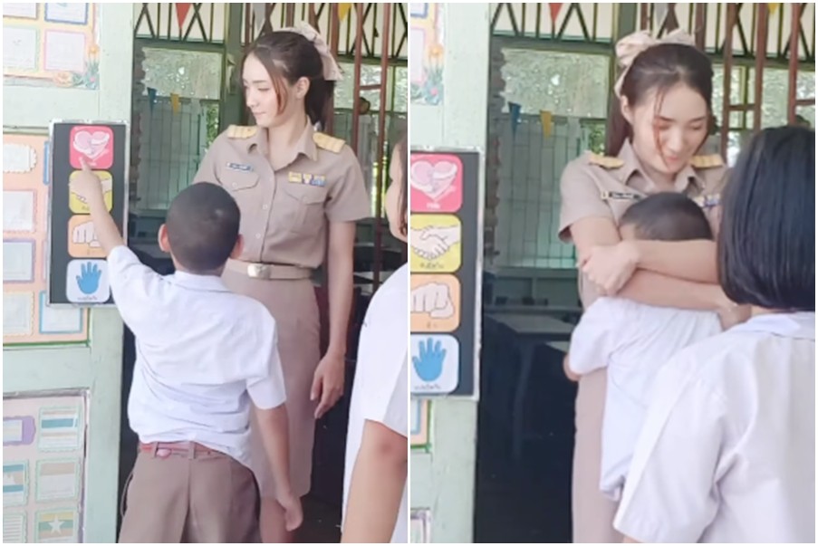▲泰國女老師與學生「愛的抱抱」，羨煞眾多網友。（圖／翻攝自「泰國清邁象」臉書）