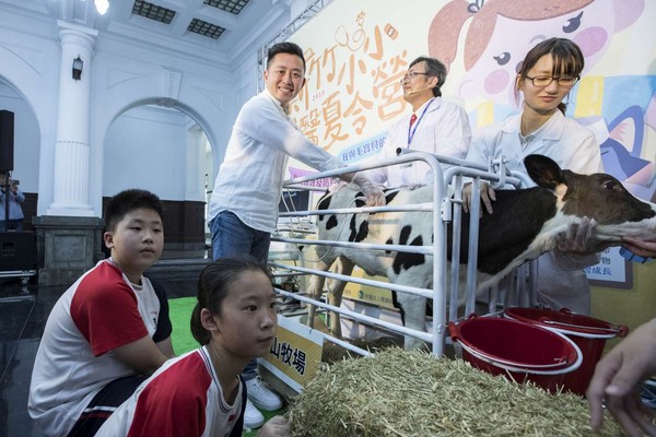 ▲新竹市長林智堅與小朋友一起為香山牧場小乳牛超音波健檢。（圖／新竹市政府提供）