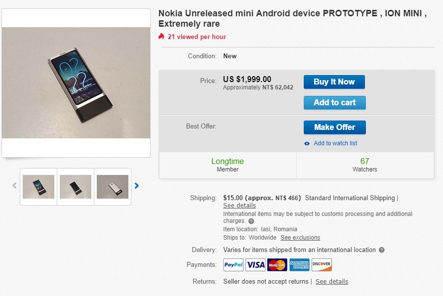 ▲諾基亞（Nokia）Ion Mini手機被放在國外拍賣網站，以1999美元（約新臺幣6萬2200元）的價格出售。（圖／翻攝自ebay）