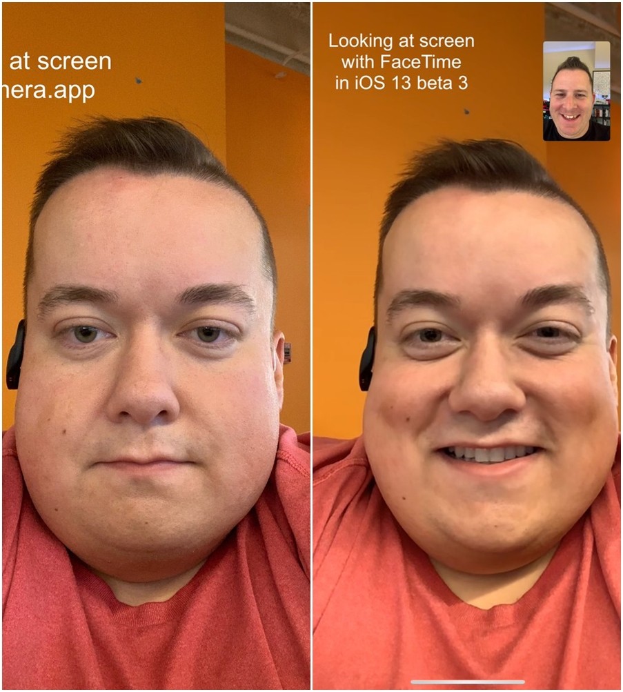▲蘋果iOS 13 beta 3新增了FaceTime功能，微調眼睛正視前方。（圖／翻攝自WSig推特）