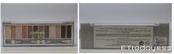 「Claire`s Eyeshadows」等5項產品，疑似含有石棉類成分。（圖／食藥署提供）