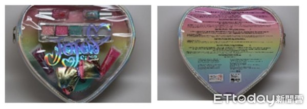 「Claire`s Eyeshadows」等5項產品，疑似含有石棉類成分。（圖／食藥署提供）