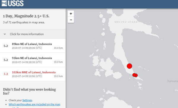 ▲▼ 印尼14日接連發生多起大地震，在規模7.3地震來襲後，發生2起規模5.2餘震。（圖／翻攝自USGS）