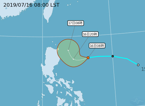 ▲▼準颱風丹娜絲7/16 0800最新路徑潛勢預報。（圖／中央氣象局）
