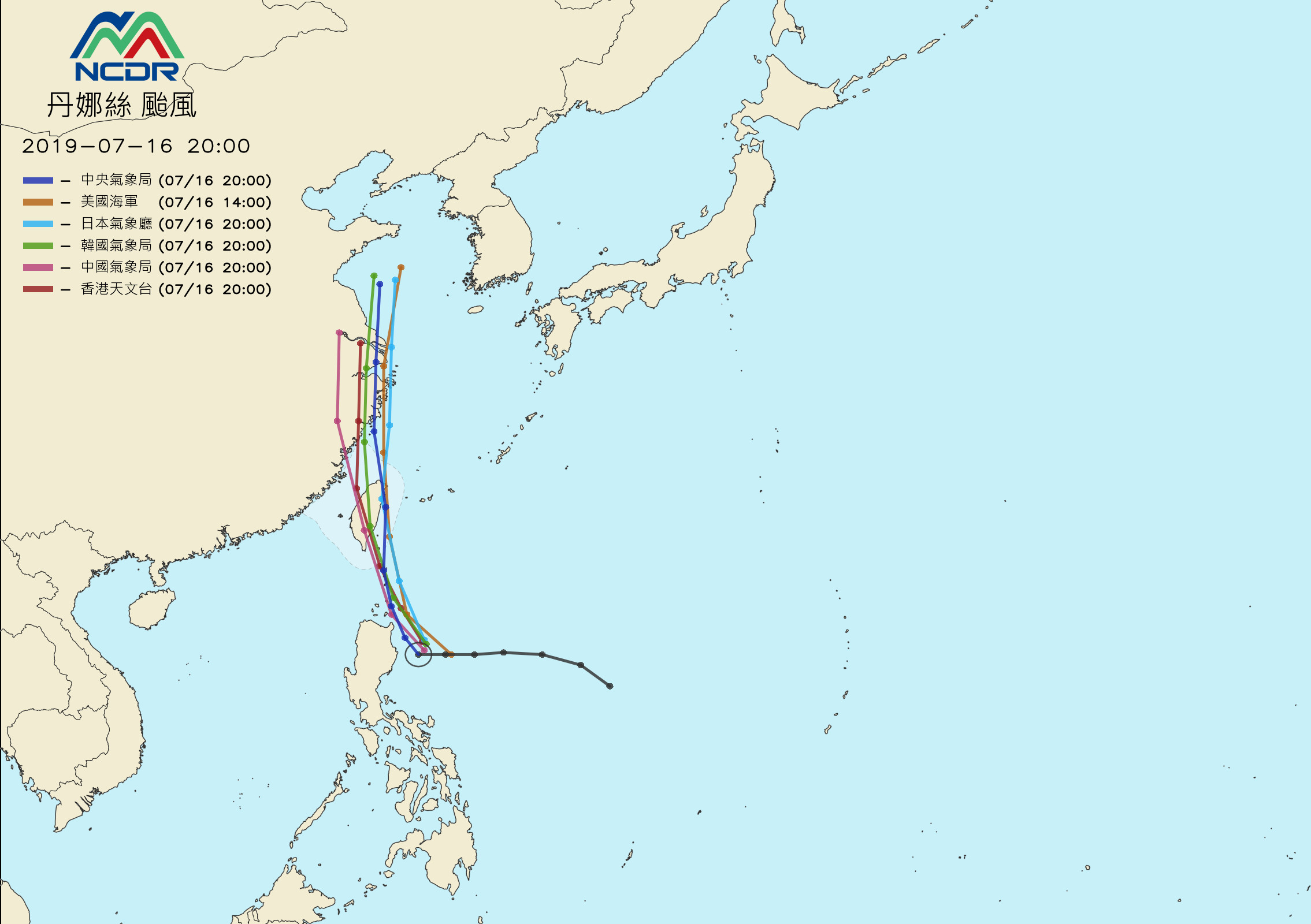 ▲▼丹娜絲颱風各國路徑預測。（圖／NCDR）
