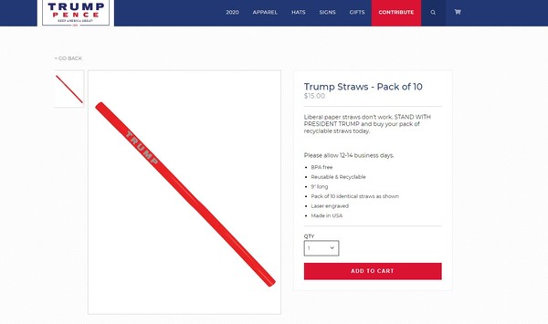 ▲▼「自由派愛的紙吸管沒用」，川普競選團隊賣起塑膠吸管。（圖／翻攝自donaldjtrump網站）