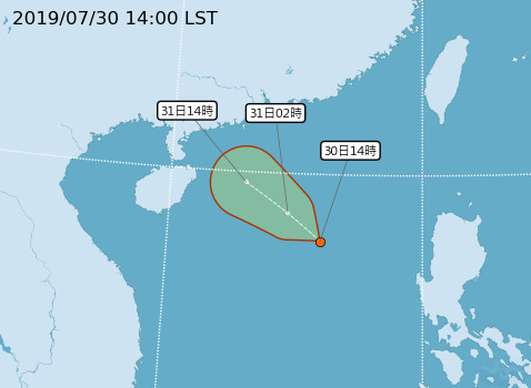 ▲▼南海熱帶性低氣壓估周三生成今年第7號颱風「韋帕」。（圖／中央氣象局）