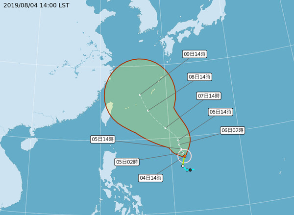 ▲▼利奇馬颱風路徑0804 1400。（圖／中央氣象局）