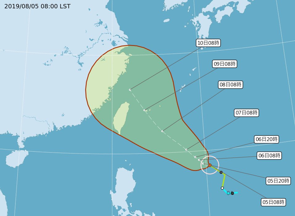 ▲▼利奇馬颱風8/5 0800路徑潛勢預報。（圖／中央氣象局、NCDR）