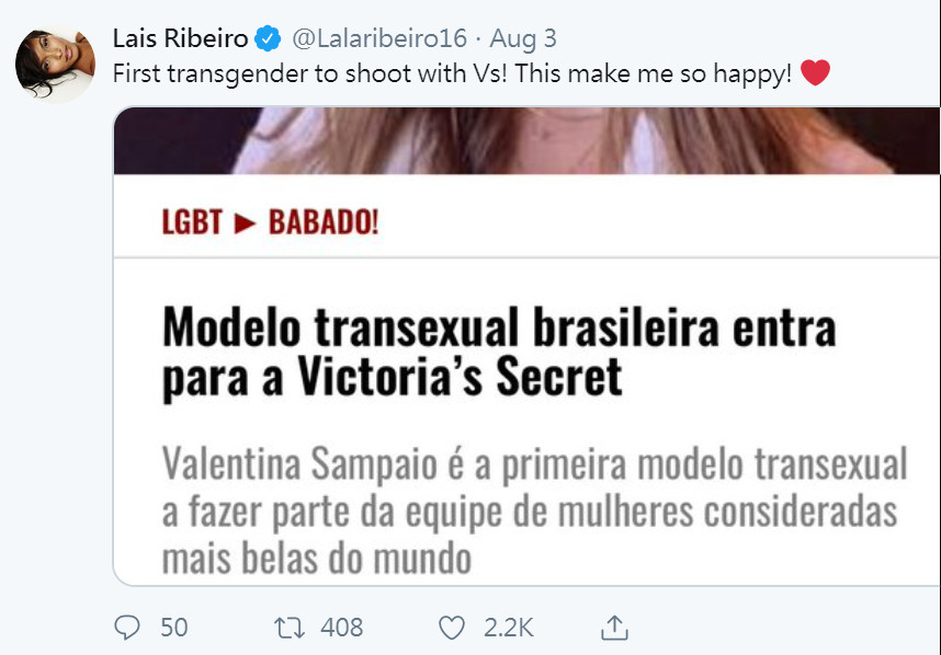 ▲▼維密超模Lais Riberio發文祝賀首位跨性別維密天使出現。（圖／翻攝自Twitter／Lalaribeiro16）