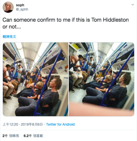 ▲▼網友在地鐵遇到湯姆希德斯頓（Tom Hiddleston）。（圖／翻攝自推特）