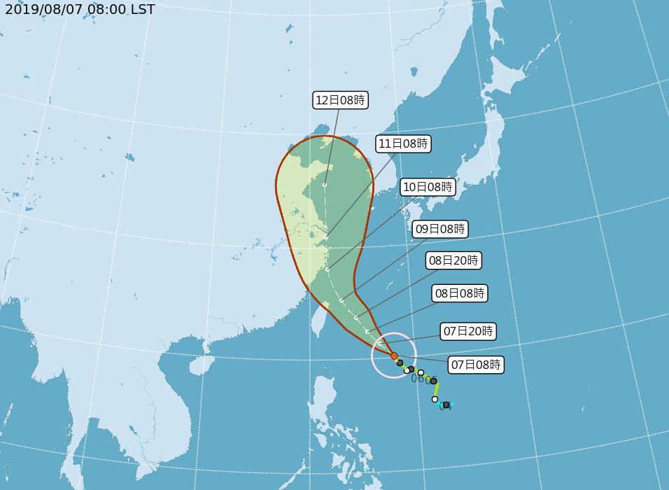 ▲▼利奇馬颱風0807 0800路徑。（圖／中央氣象局）