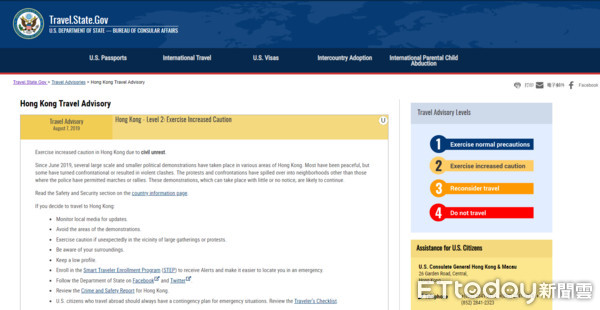 ▲美國國務院提升香港旅遊警示等級。（圖／翻攝美國政府網站）